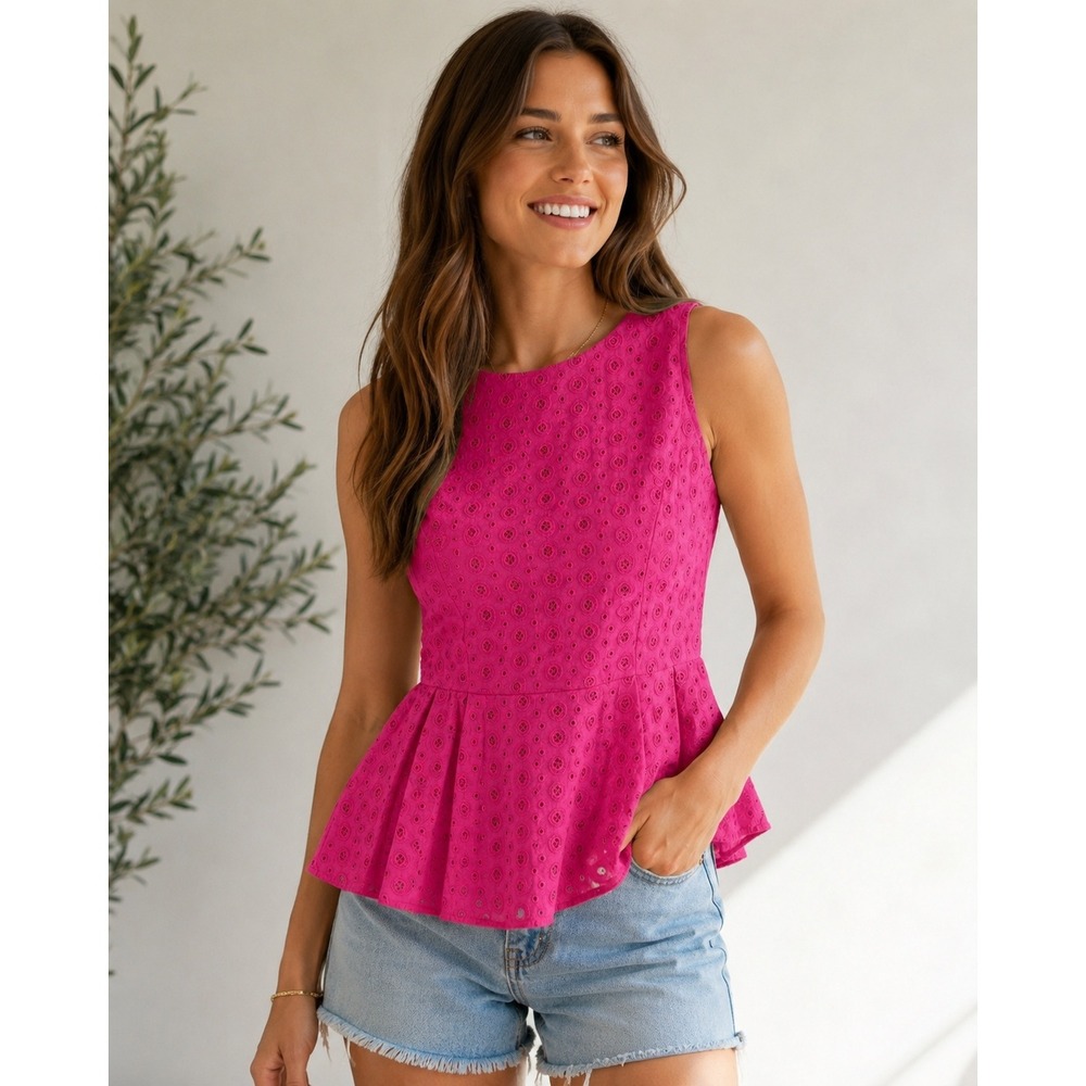 STS Sail to Sable Pink Eyelet Peplum Tank Top Cotton Boho Preppy Summer Small